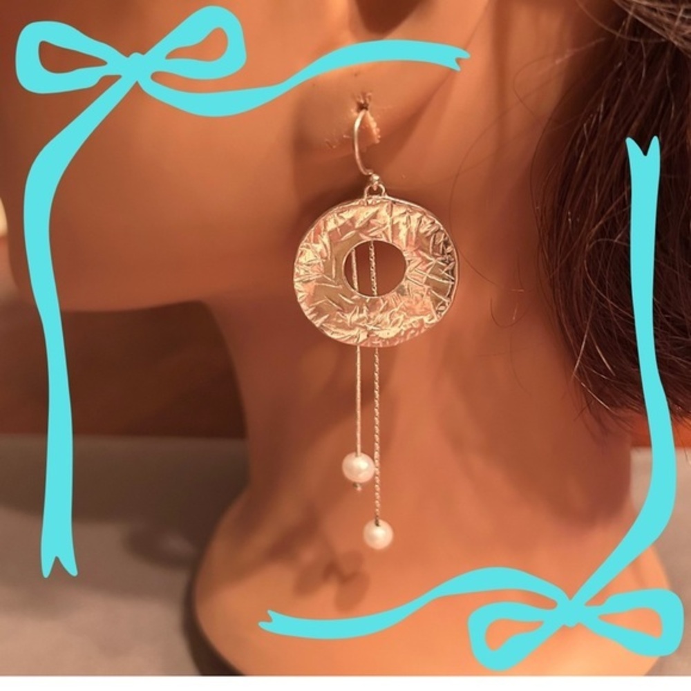 Long Sterling Hand Crafted Dangle Pearls Earrings